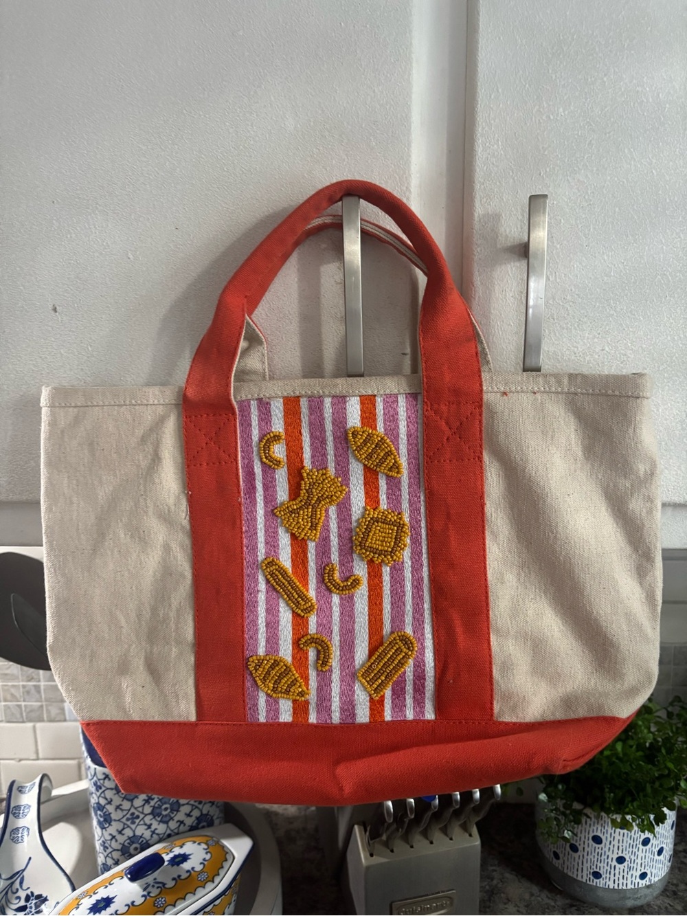 America & Beyond Macaroni Canvas Tote Bag with Orange Trim and Beaded Accent